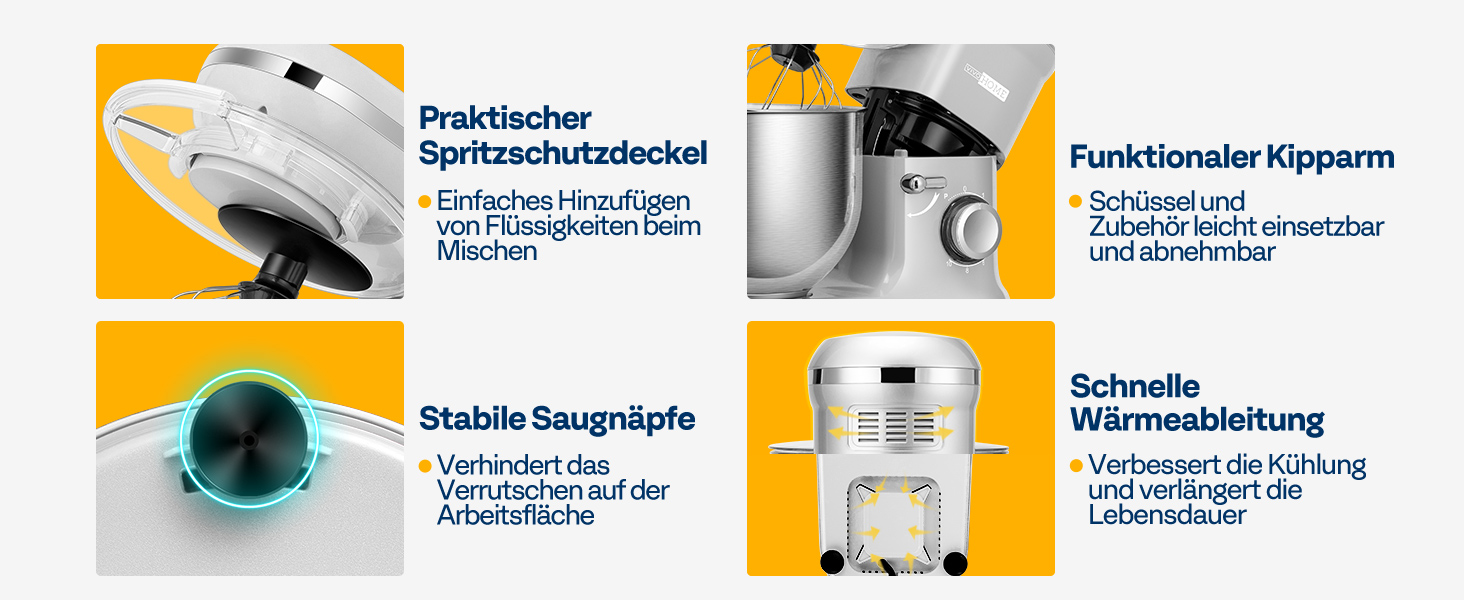 Кухонна машина VIVOHOME 5.7L з місткістю 5.7 літрів, потужністю 660W, 10 швидкостей, функцією імпульсу, для замішування тіста, з бризковим захистом, містить гак для тіста, вінчик та роздільник яєць (срібна)