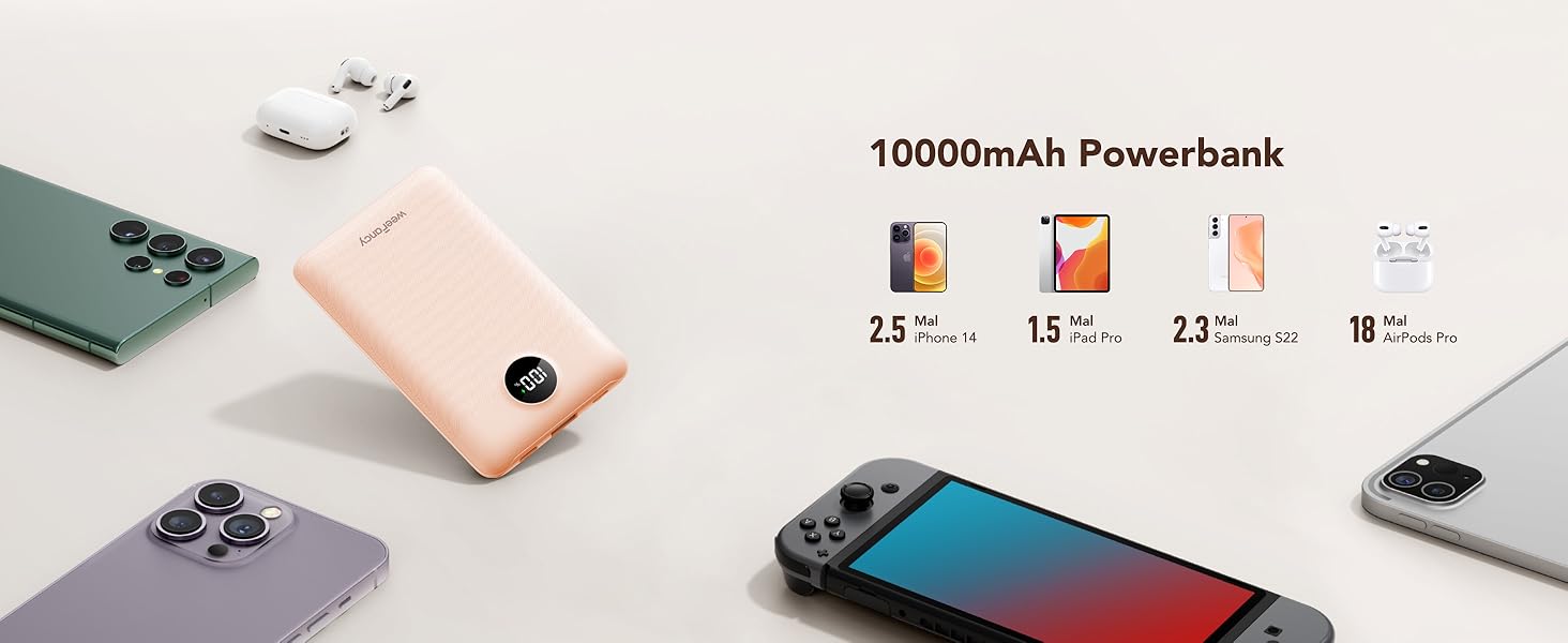 Міні-павербанк WeeFancy 10000mAh з кабелями, 3 виходи, 3 входи, сумісний з iPhone/Samsung/Huawei (рожевий)