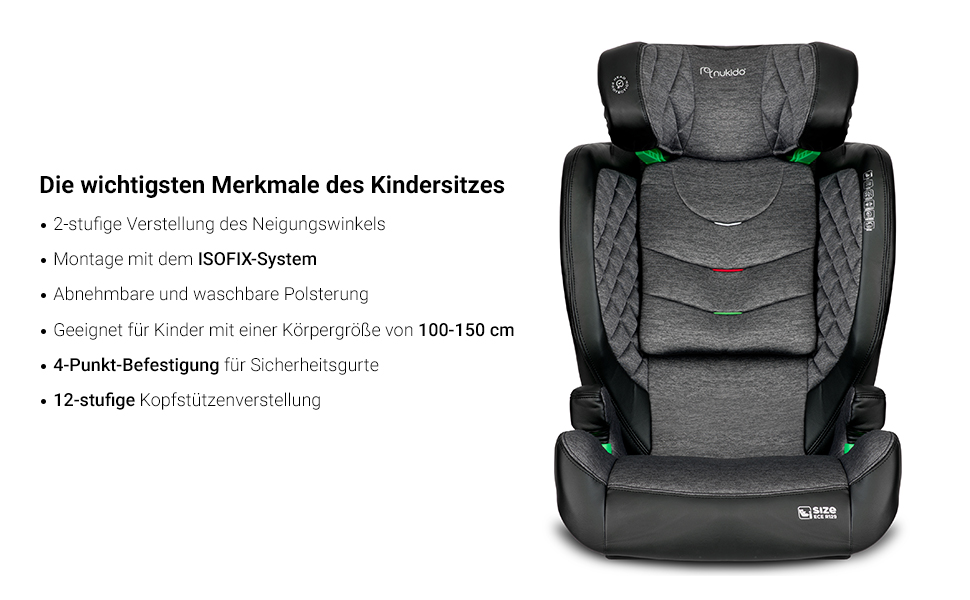 Автокрісло Nukido 15-36 кг для дітей 4-12 років, ISOFIX, регулювання підголівника та кута нахилу, сірого кольору