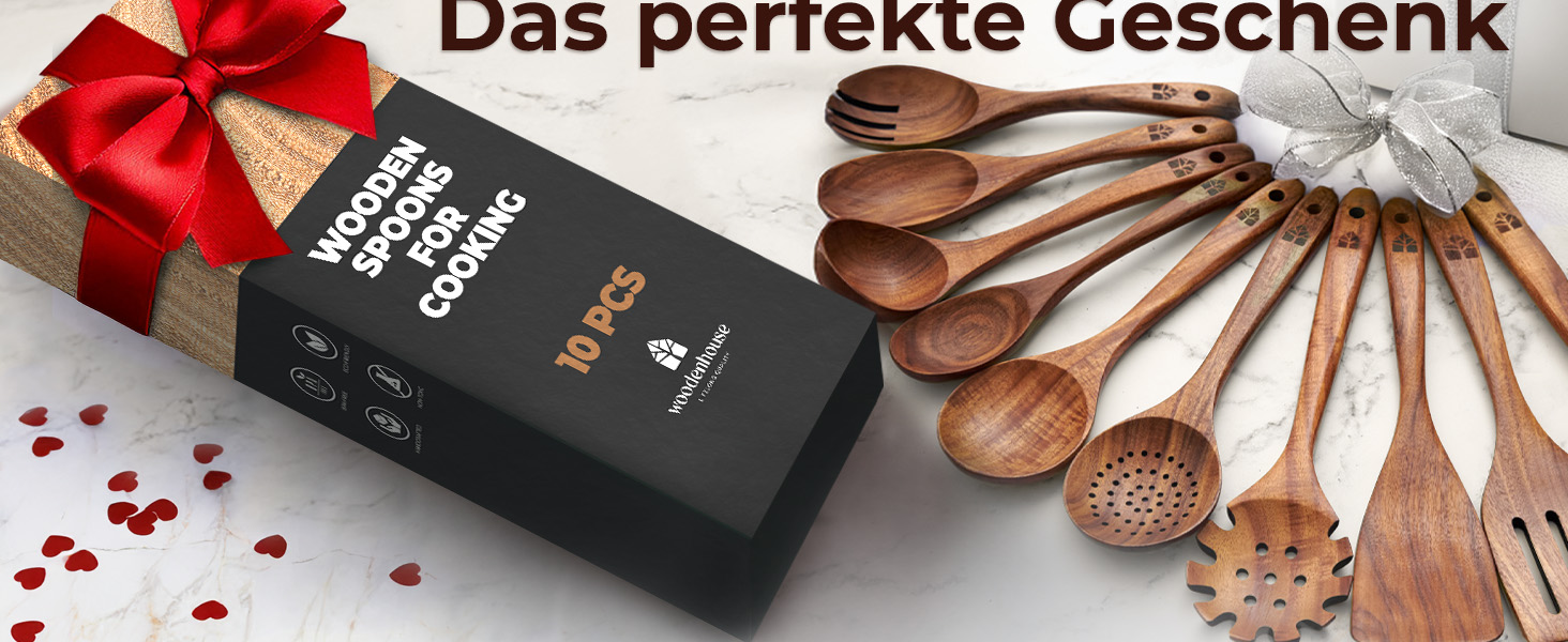 Набір дерев'яних ложок для приготування їжі (10 шт.) з теку - кухонне приладдя, лопатки, ложки для готування, антипригарне покриття, стійкість до нагріву