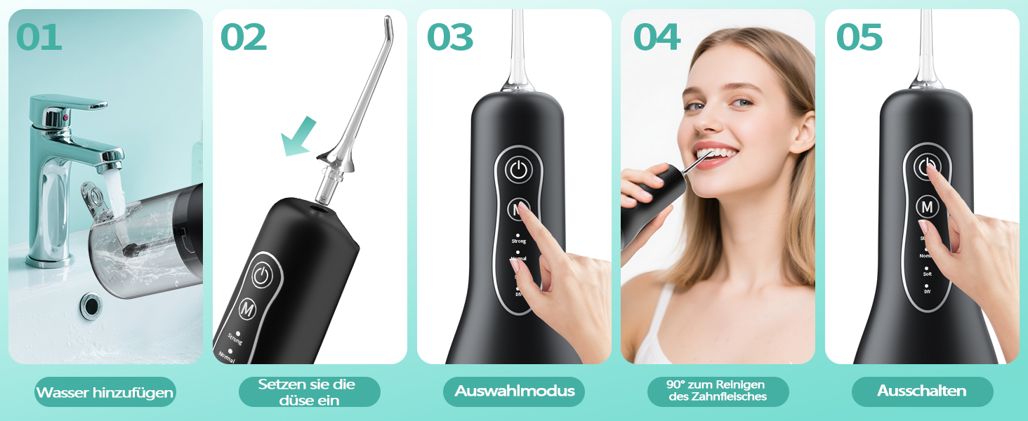 Електрична іригатор Munddusche: тестер-переможець 2025, 260 мл резервуар, IPX7 водонепроникність, 5 насадок, 40 днів роботи, для догляду за порожниною рота, чорний
