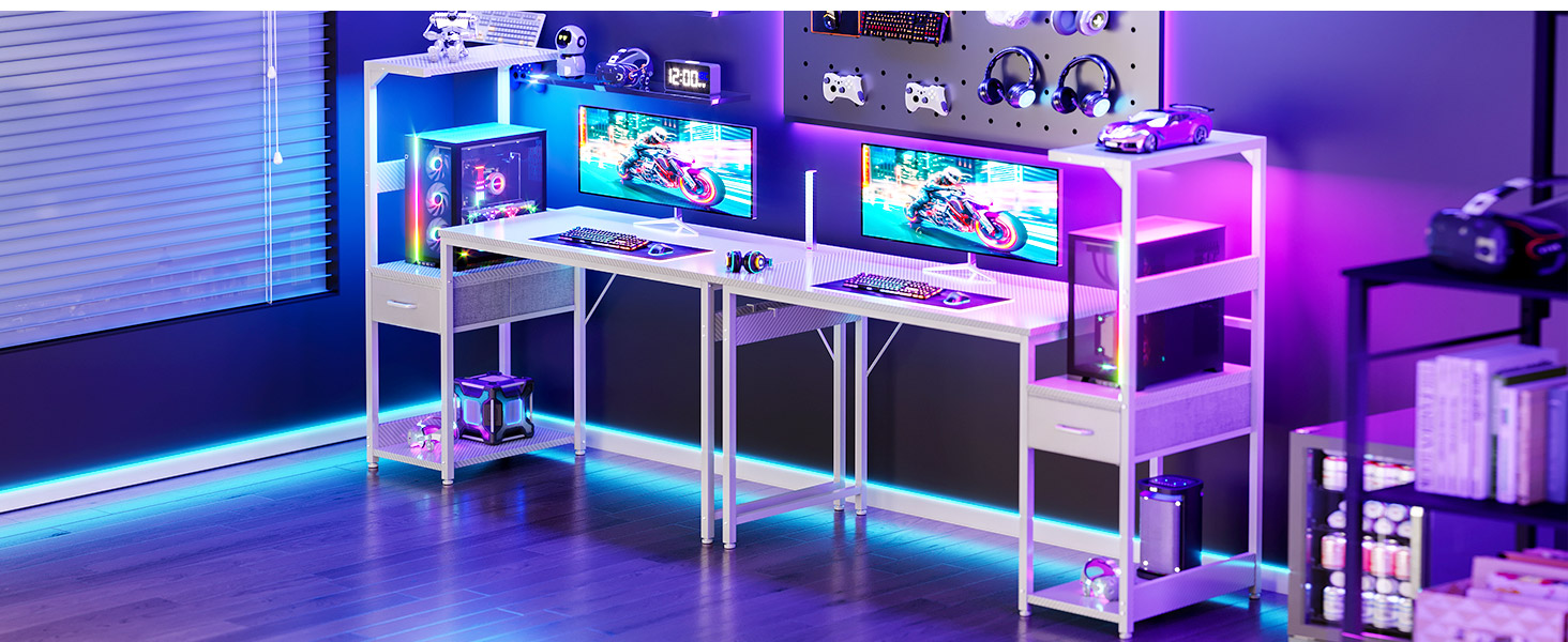 Ігровий стіл Coleshome з LED-підсвічуванням 120x48 см, з шухлядами та полицею, обертовий, з тримачем для навушників, карбонове волокно