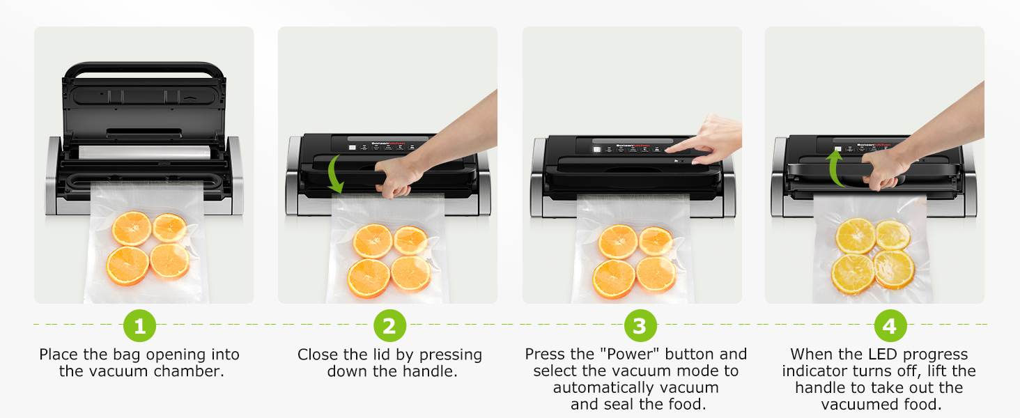 Вакууматор Bonsenkitchen для продуктів, потужний вакуумний пакувальник 15л/хв, з інтегрованим різаком та ручкою-фіксатором, чорний (комплект з 100 пакетами)