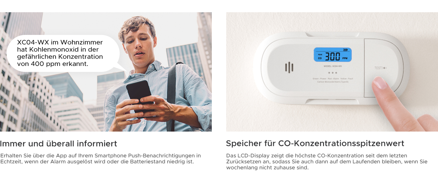 Розумний детектор чадного газу X-Sense XC04-WX з Wi-Fi, сповіщення в реальному часі через додаток, зі змінною батареєю, білий