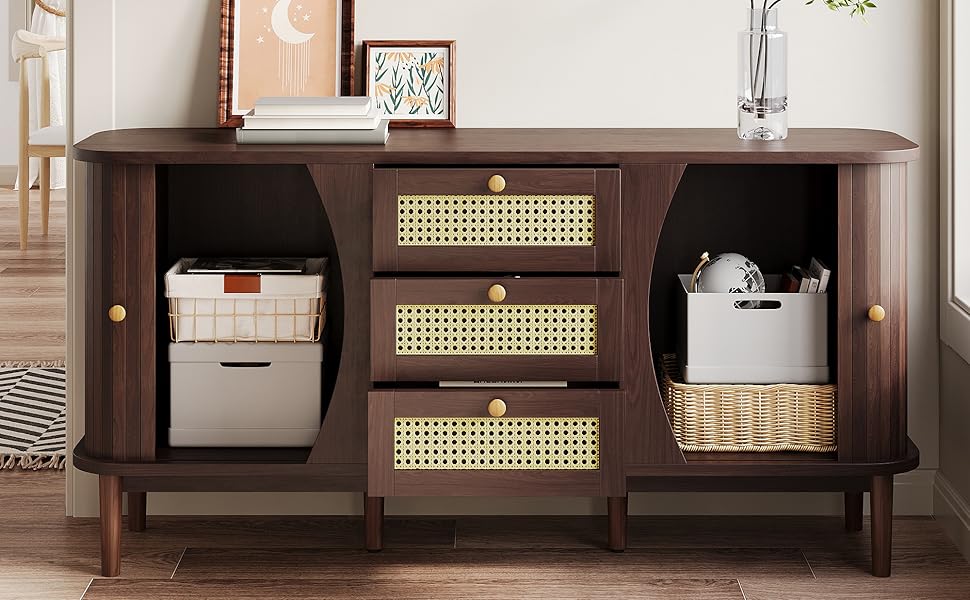 Комод з подвійними дверцятами та 3 шухлядами, дерев'яний, 140x40x76 см, стиль F, темно-коричневий
