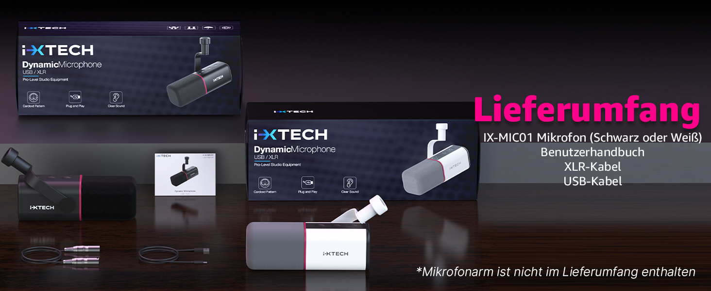 Динамічний мікрофон IXTECH з кардіоїдною діаграмою, RGB підсвічуванням, USB/XLR для студії, подкастів, стрімів, вокалу, озвучування, білий (чорний, M)