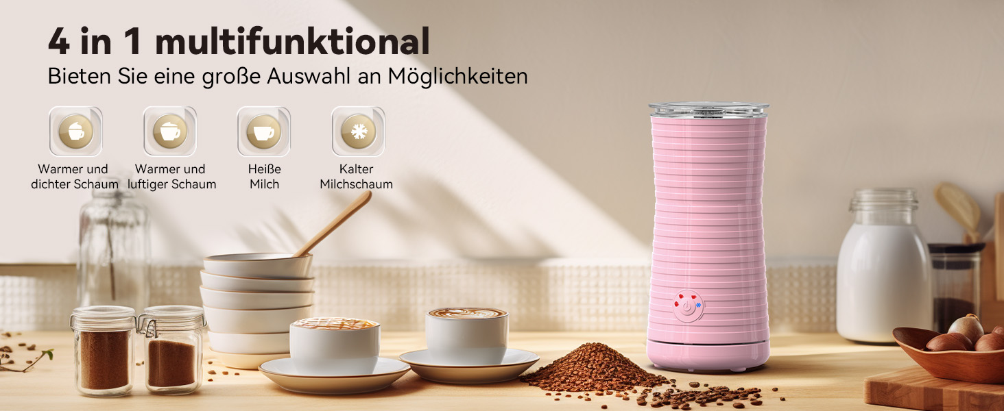 Morpilot Електричний спінювач молока 4-в-1, для лате, капучино, макіато (рожевий)
