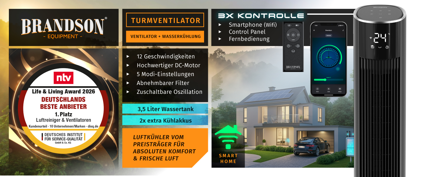 Brandson ECO GREEN Турельний вентилятор з водяним охолодженням та WiFi (Smart Home/Alexa) - Чорний матовий