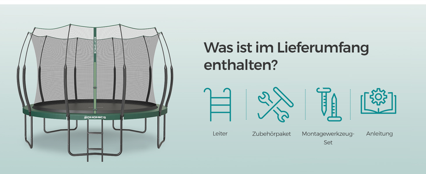 Батут SONGMICS для дітей вуличний Ø366 см, зелений, з захисною сіткою та еластичними тросами, без пружин, тихий
