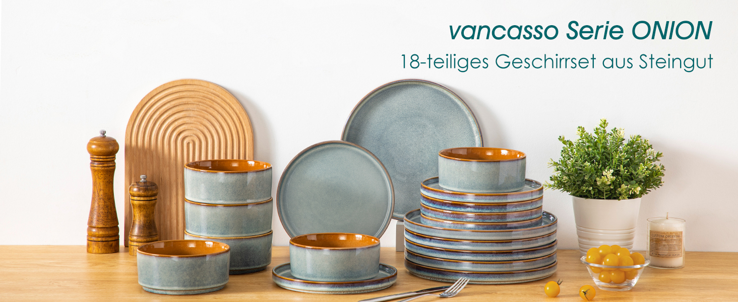 Набір посуду Vancasso Steingut 24 шт. для 8 осіб: тарілки, салатники, супові миски. Серія Galaxie, ONION (світло-блакитний)