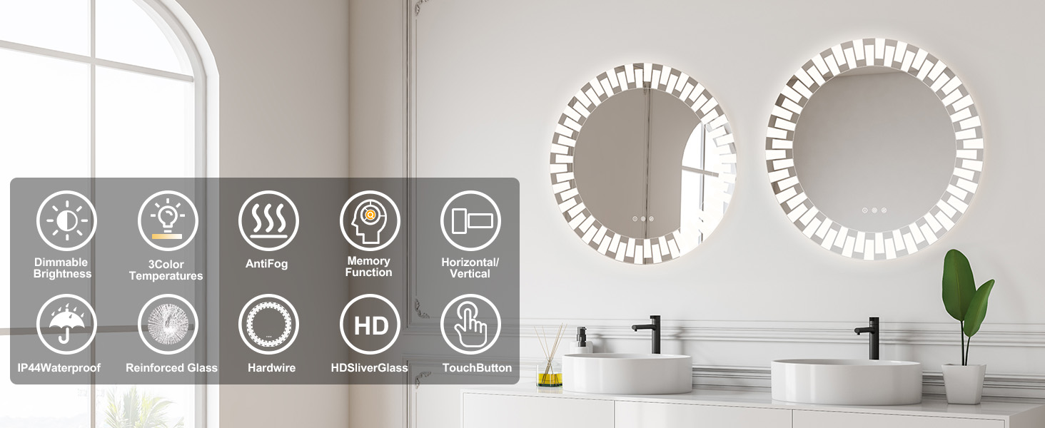 Дзеркало для ванної кімнати YOLEO з підсвічуванням, 70 см, LED, Bluetooth, сенсорне керування, захисне скло, 3 кольори світла