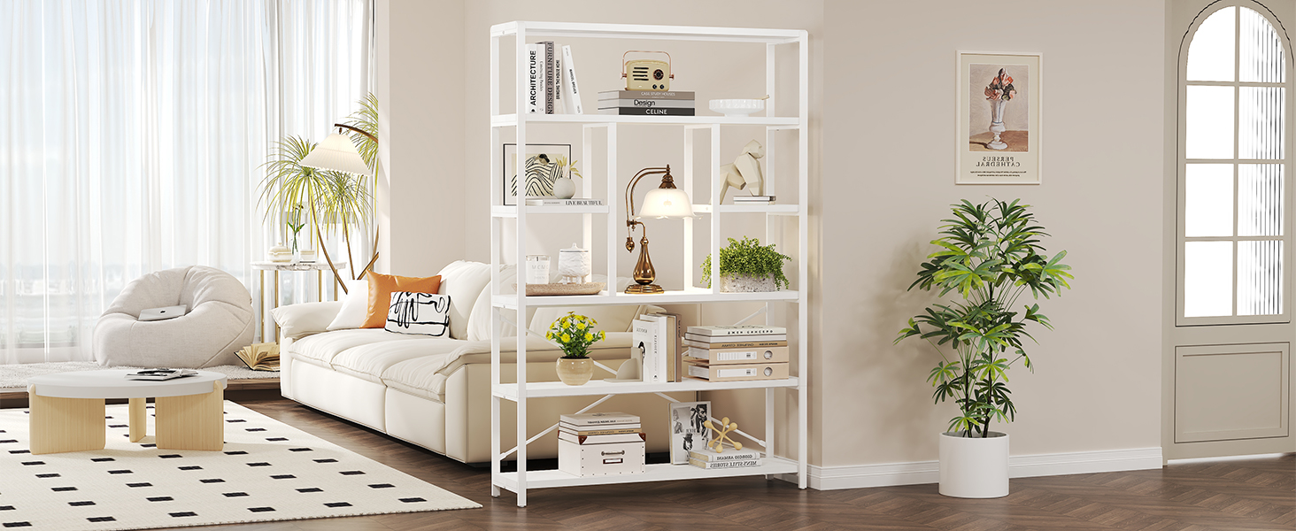 Стильна полиця-стелаж LVB з 6 полицями для вітальні, спальні, офісу. Дерево та метал, білий колір, 30 x 120 x 180 см