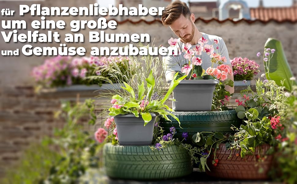 Набір з 3 великих пластикових горщиків для квітів на вулицю, 40x40 см, з підставкою, модель Don, виготовлено в Німеччині, антрацит
