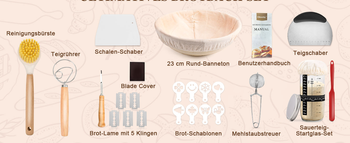 Набір для закваски Sauerteig Starter Set: 11 предметів, круглий гніт для хліба 23 см, повний набір аксесуарів для випікання хліба, подарунковий набір для початківців та досвідчених пекарів