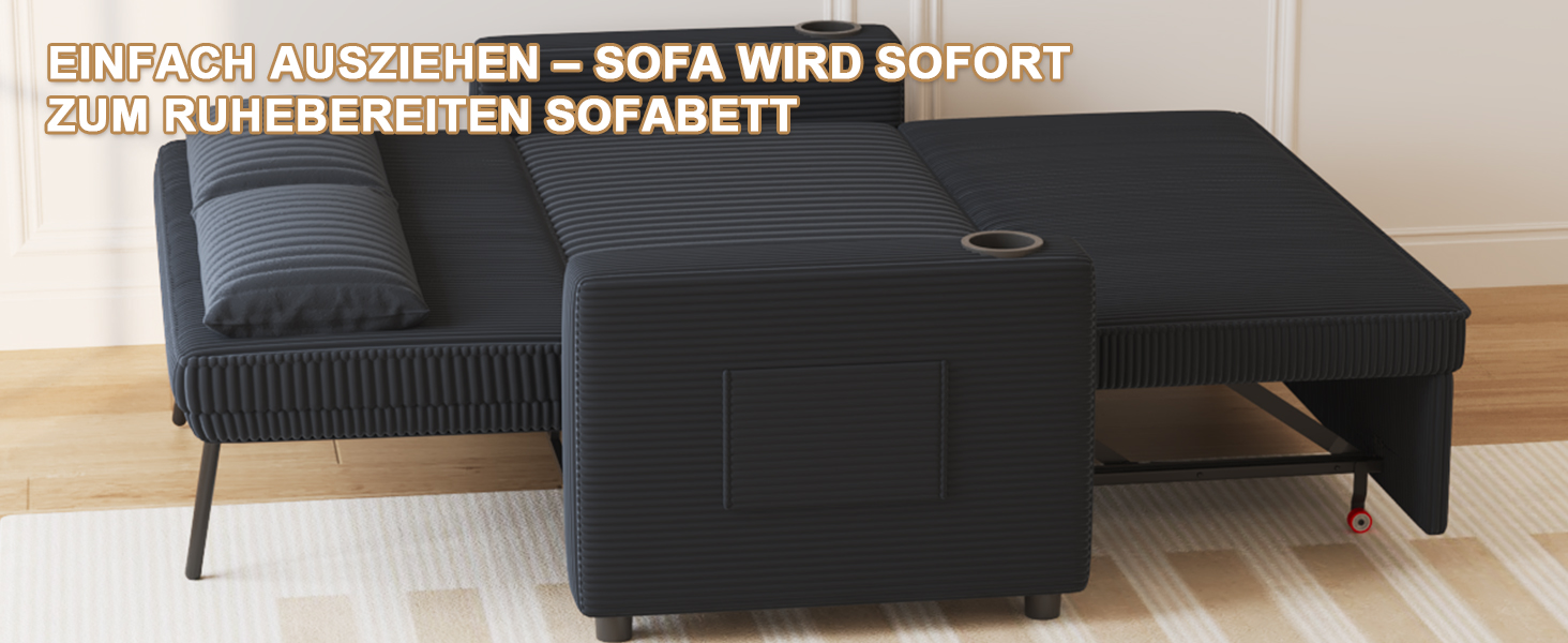 Диван-ліжко JUMMICO 2-місний розкладний з подушками, оббивка корд, чорно-синій, 75x160x93 см. Диван для вітальні та спальні з підсклянником