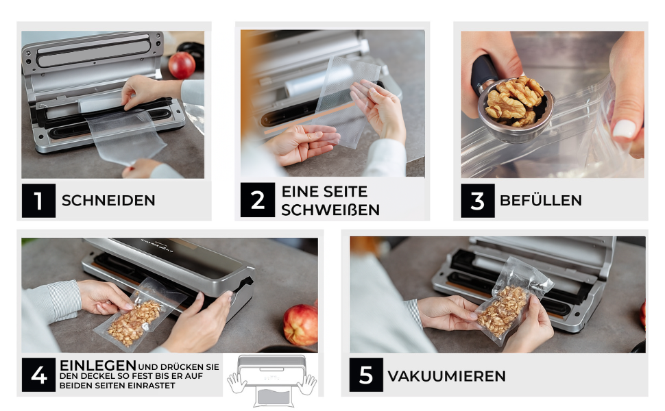 Вакууматор для продуктів BACHWERKE з рулоном та 10 пакетами, ширина шва 32 см, вакуумна машина для зберігання їжі, срібляста