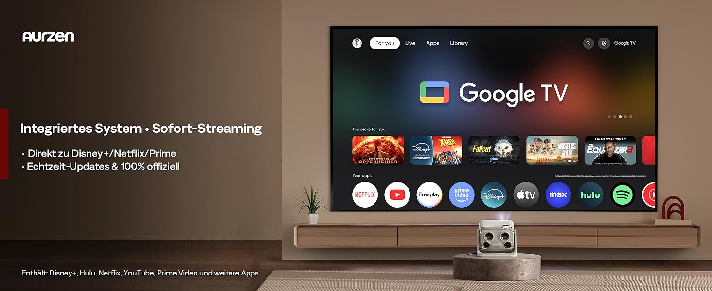 Aurzen Boom Mini 4-в-1 Smart Beamer: проєктор 4K з Google TV, аудіо Dolby 20W, Wi-Fi, Bluetooth, автофокус, корекція трапеції (зелений)