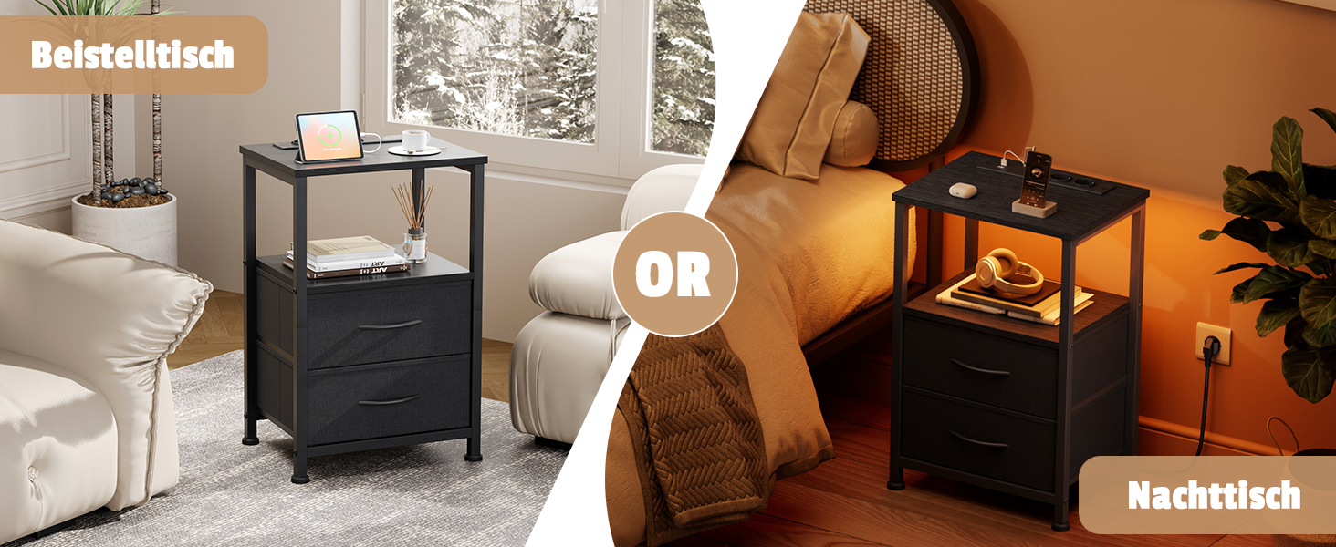 Нічний столик з LED-підсвічуванням та функцією зарядки, з ящиком, 3 розетки AC та USB-порти, для вітальні та спальні (40T x 30B x 60H cm, Чорний)