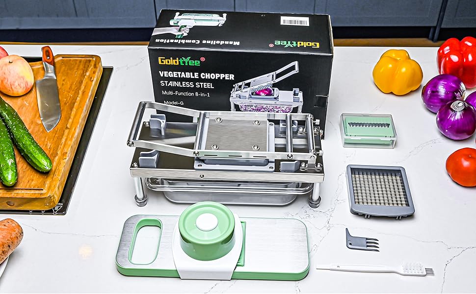 Подрібнювач овочів 8-в-1 з контейнером, набір для нарізки овочів та салатів, з нержавіючої сталі