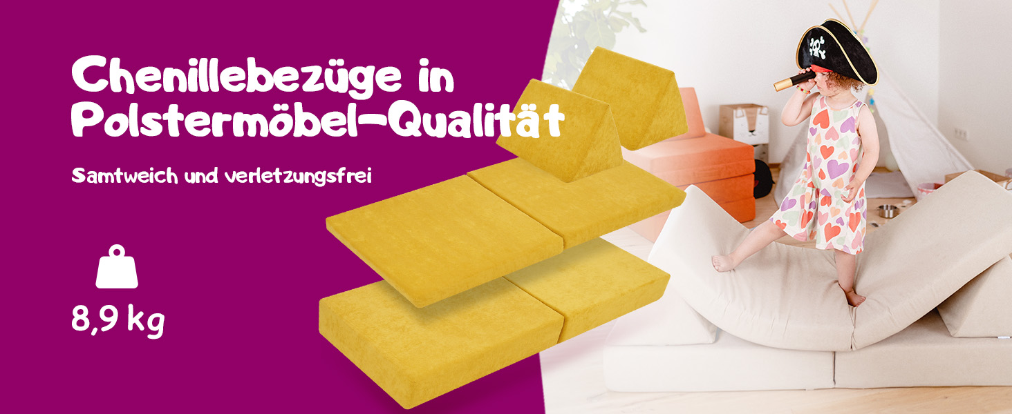 Linodino® дитяче ігрове крісло-диван з м'яких кубиків | Дитячий диванчик та куточок для ігор | Кубики для дітей | Сертифікат Oeko-Tex 100 | Бджолиний колір