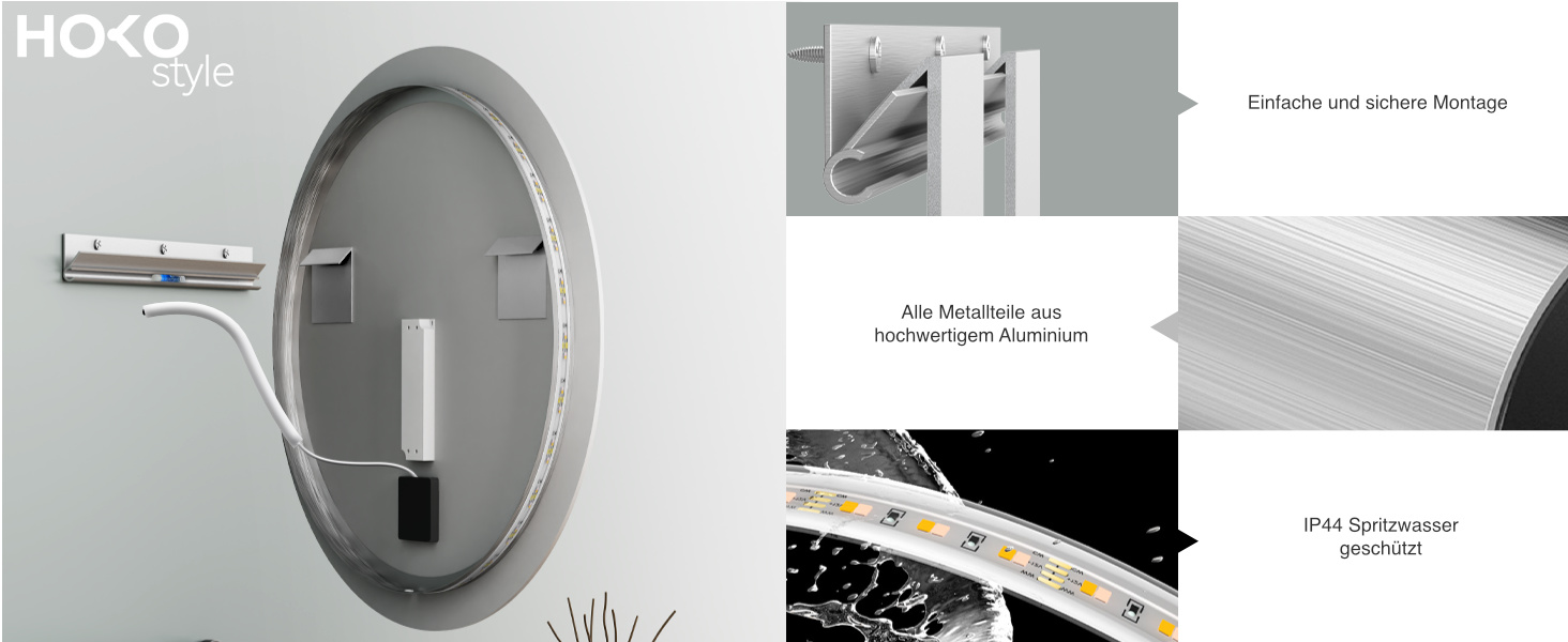 Дзеркало для ванної кімнати HOKO Design Riga, кругле, 60 см, з металевим каркасом, LED-підсвічування, сенсорне управління, регулювання кольору світла (80x80 см, срібло)