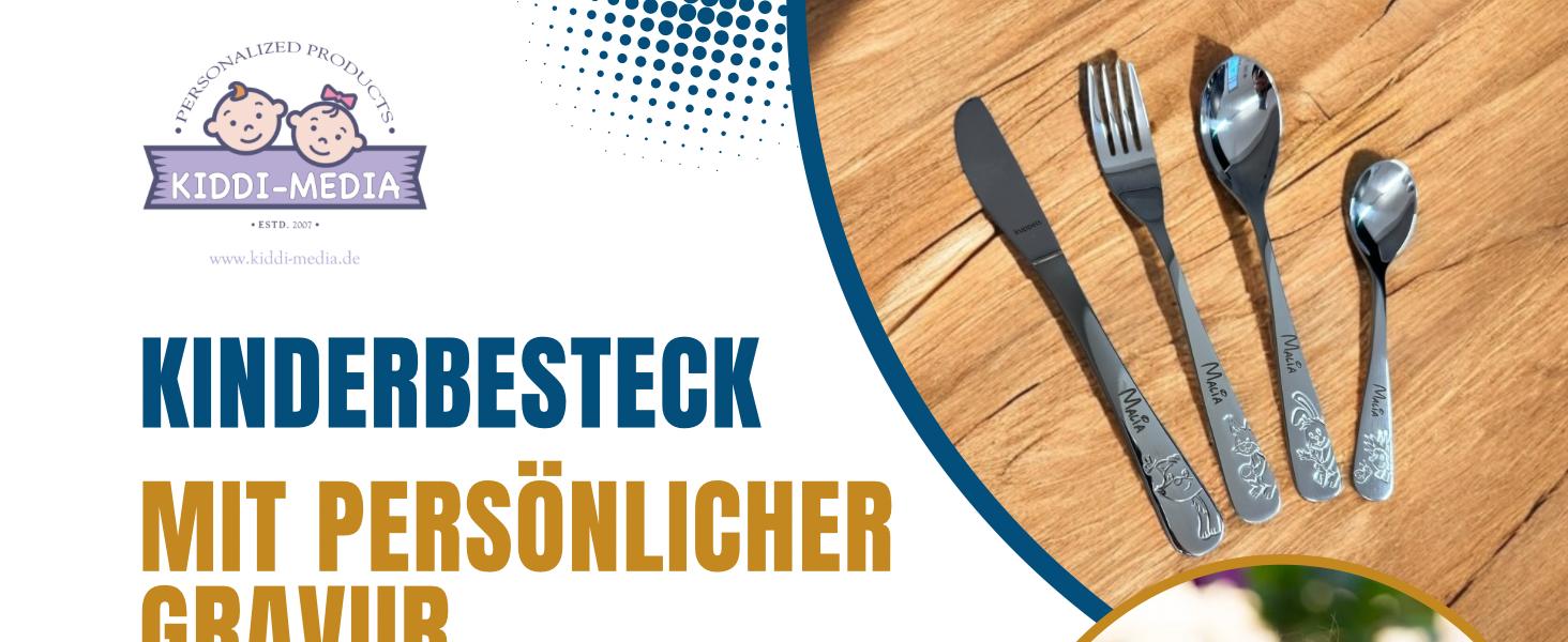 Набір дитячого посуду Kinderbesteck з гравіюванням 'Друзі лісу', 4 шт. з іменем, з нержавіючої сталі