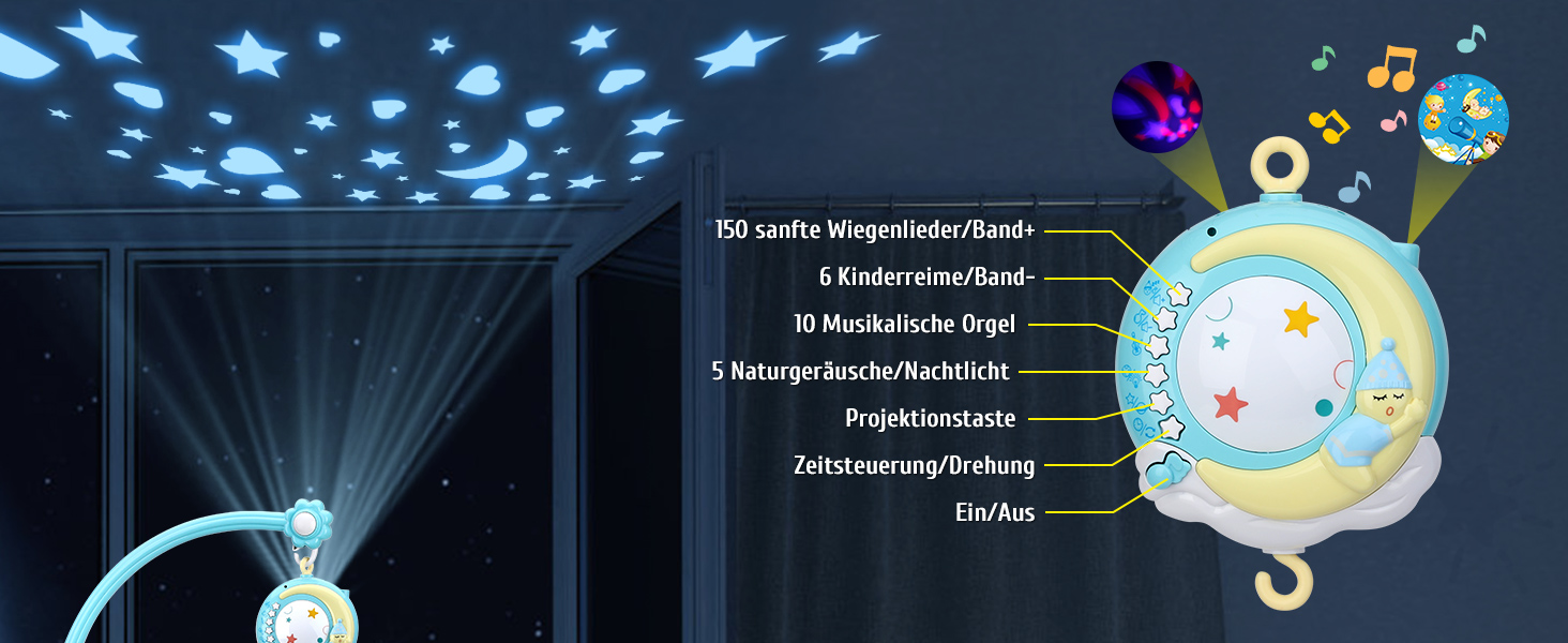 Дитячий мобіль Tudou, мобільне дитяче ліжечко з музикою і підсвічуванням, функцією синхронізації, проекцією,брязкальцем на винос і музичною скринькою, для