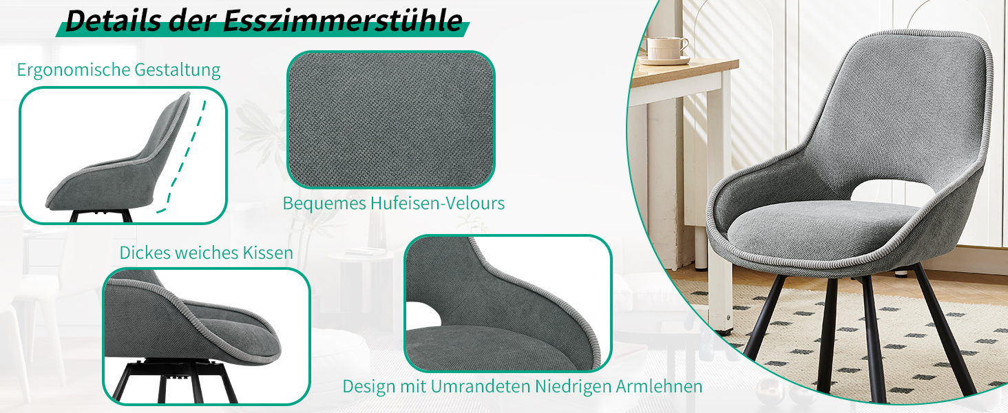 Обертові кухонні стільці для їдальні 6 шт. з низькими підлокітниками, поворот 180°, автоматичне вирівнювання, стільці для кухні та їдальні, сірий колір (2 шт. в наборі)
