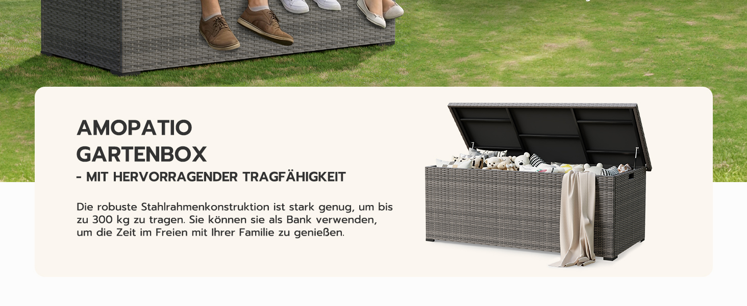 Водонепроникний садовий ящик Amopatio Gartenbox 650л з поліротангу для подушок, металевий ящик для зберігання з газліфтами для саду та балкону, сірий