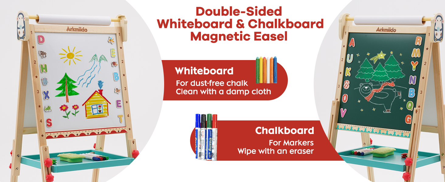 Дерев'яна іграшко-дошка Kinder Pinguin з рулоном паперу, двостороннє Whiteboard та дошка, стійка з аксесуарами для дітей та малюків