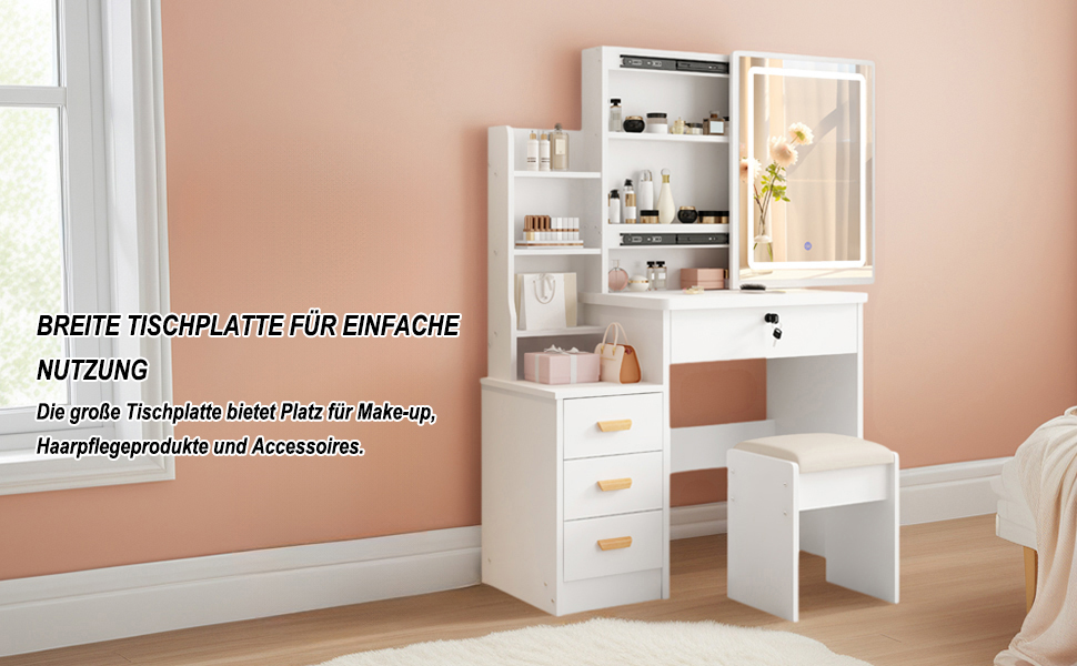 Дзеркальний туалетний столик DATO з LED-підсвічуванням, 3 колірні температури та регулюванням яскравості, з пуфом, 5 шухляд та 3 полиці, розсувний дзеркало