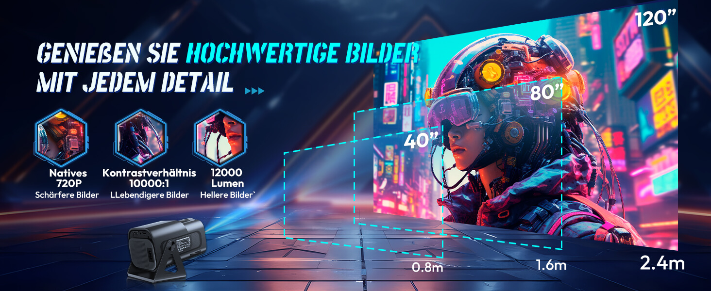 Портативний проєктор Xgody Gimbal 3: 12000 Люмен, Android 11.0, WiFi 6, Bluetooth, 720P HD (підтримка 4K), Автоматичне вирівнювання зображення, для домашнього кінотеатру (білий/чорний)