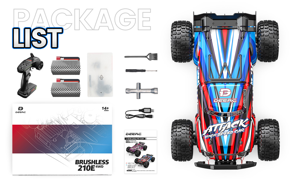 Радіокерований автомобіль DEERC 1:10 4WD 60+ км/год, безщітковий, для дорослих, позашляховик, 40+ хв роботи, подарунок хлопчику (210E)