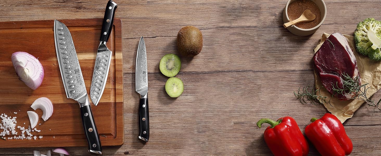 Набір кухонних дамаскових ножів PAUDIN, 3 предмети, ультрагострий Santoku з 67-шарової дамаської сталі з японським VG10 ядром, ергономічна ручка G10