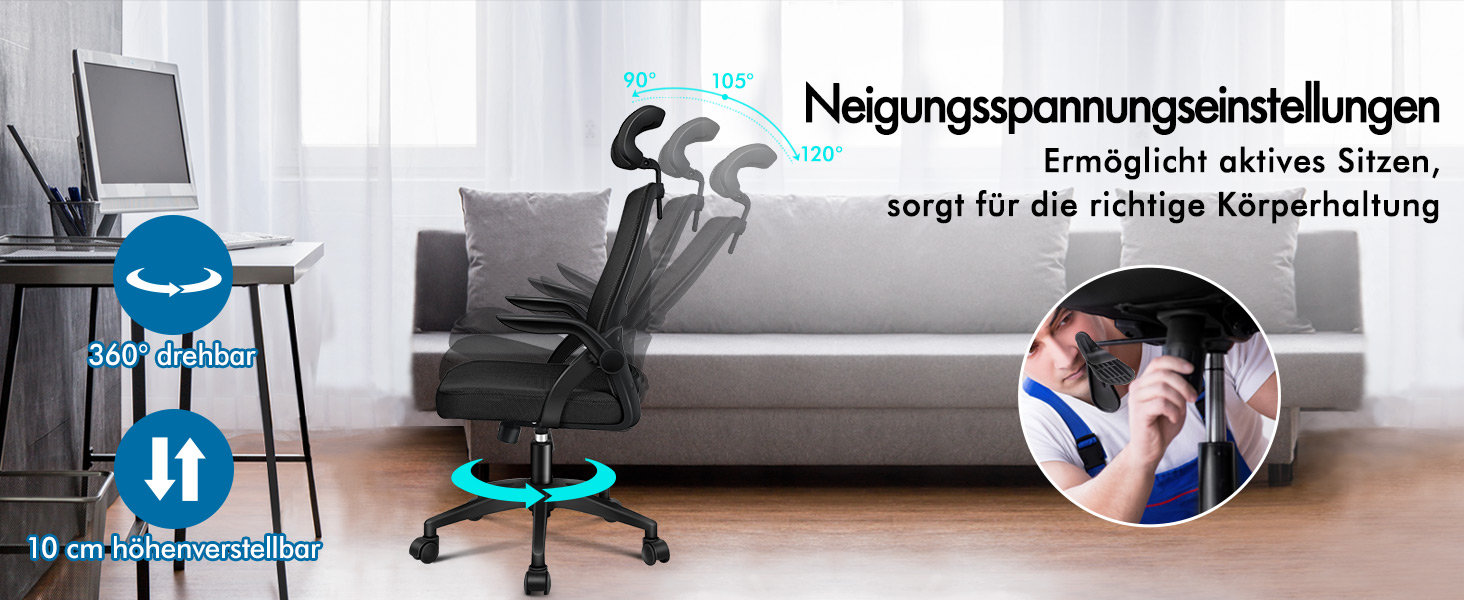 Офісний крісло ALFORDSON з динамічною підтримкою попереку, чорний. Ергономічний поворотний стілець з відкидними підлокітниками для комп'ютера