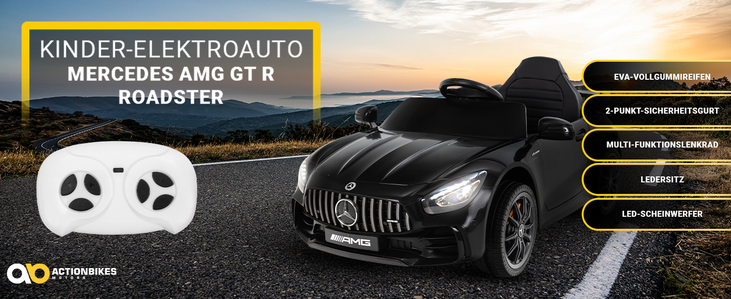Дитячий електромобіль Mercedes AMG GT R Roadster, чорний, 6V, EVA-колеса, 2.4 ГГц пульт, 20 Вт мотор, для дітей від 3 років, Actionbikes Motors