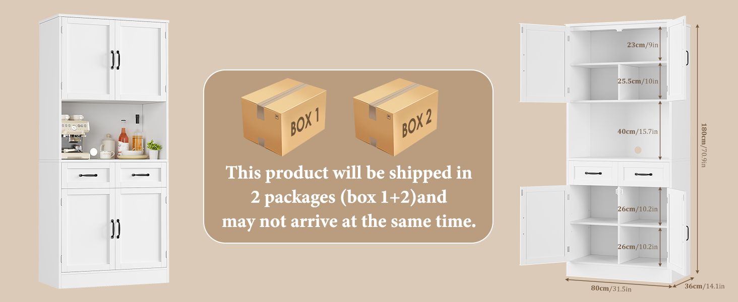 Кухонна шафа HOCSOK 180 см: буфет з робочою поверхнею, шафа для зберігання з 4 дверцятами та 2 ящиками, висока шафа-багатоцільова з регульованою полицею, білий