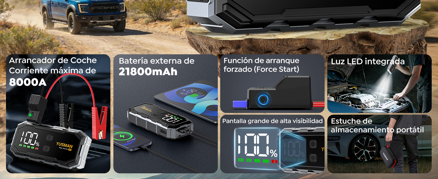 Портативний зарядний пристрій (Powerbank) Starthilfe для автомобілів | 8000A, бустер для акумулятора, LED-ліхтарик, дисплей, кабелі – для SUV, мотоциклів, газонокосарок Black