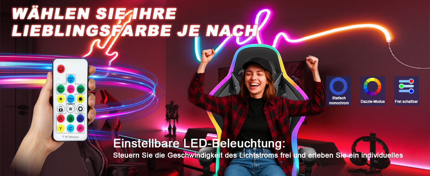 Ігровий крісло JUMMICO з LED підсвічуванням, крісло для геймерів у стилі гоночного авто з висувною підніжкою, ергономічне геймерське крісло з функцією масажу, вантажопідйомність 150 кг (Сірий)