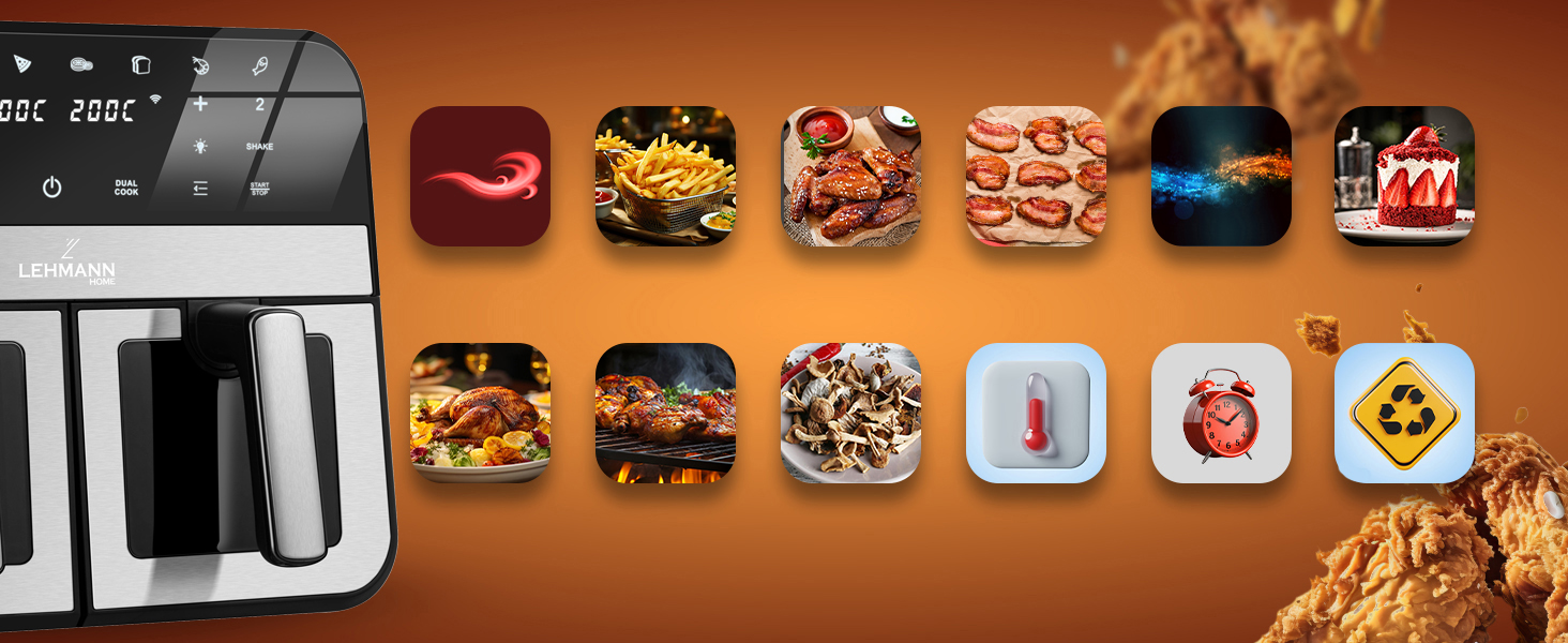 Фритюрниця повітряна LEHMANN XXL з 2 камерами (9л) - 13 програм, Touchscreen, антипригарне покриття