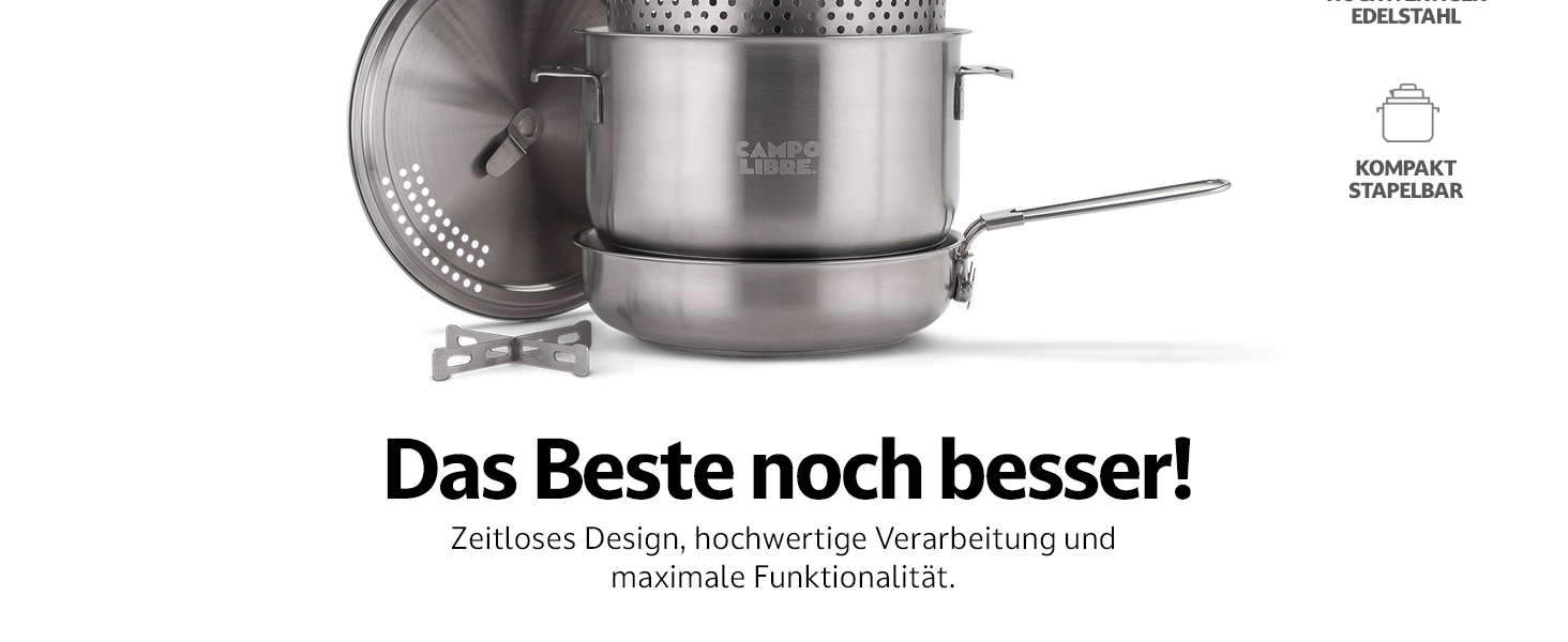 Набір посуду для кемпінгу Campo Libre Enzo I з нержавіючої сталі: компактний, індукційний, 6 або 8-ти частинний