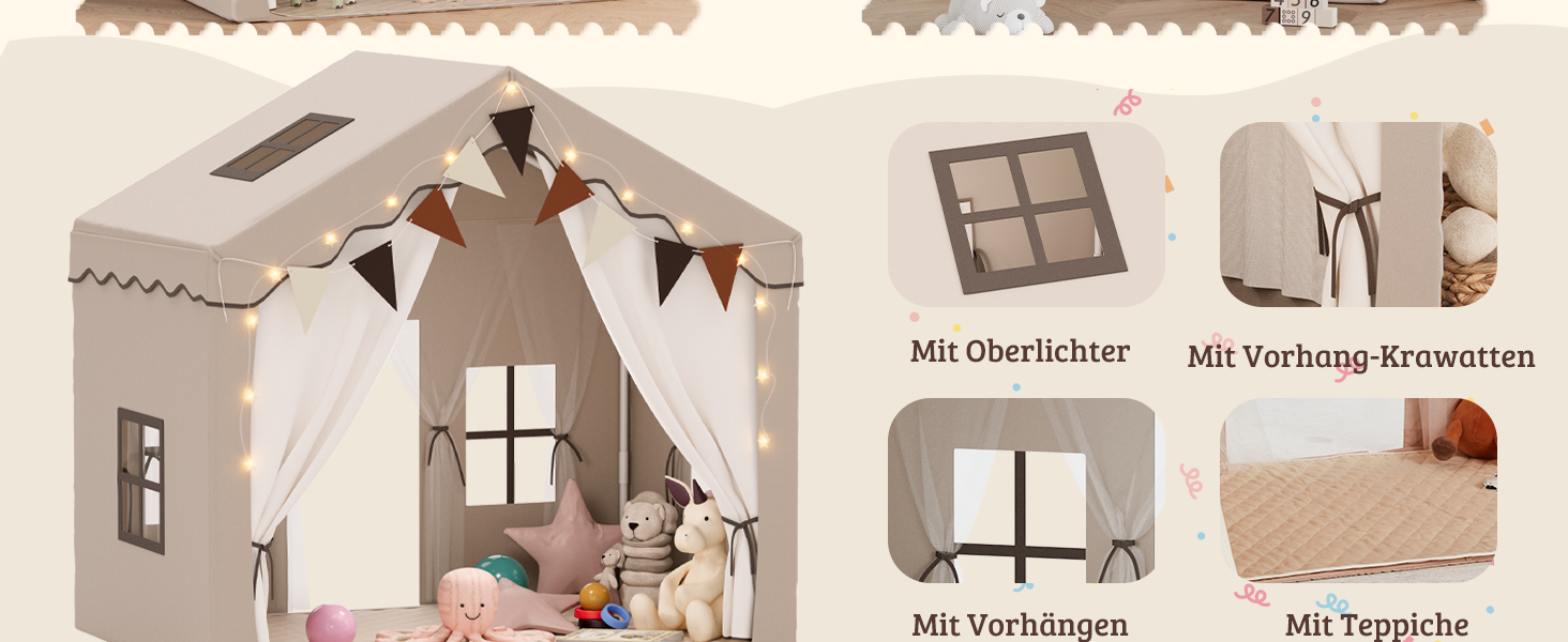 Дитяче намет-будиночок EROMMY 2-в-1 з килимком, прапорцями та світлодіодними смугами, двостулковими дверима, даховим вікном, для дому, вік 3+, коричневий