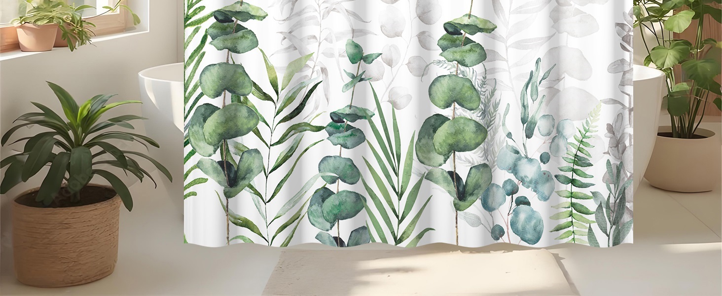 Штора для душу 180x220 см, антигрибкова, з тропічним дизайном (зелені пальмові листя, евкаліпт, гриби), водонепроникна, поліестер, для ванної кімнати, з 12 гачками