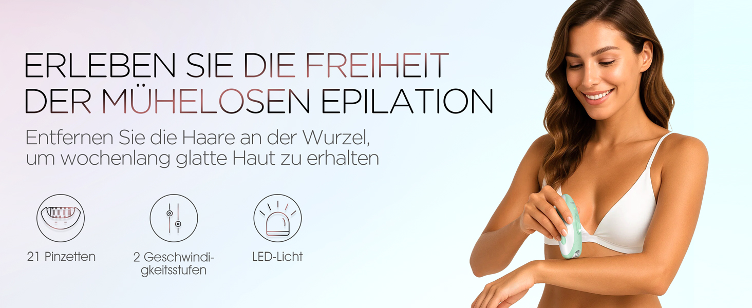 Електричний епілятор для жінок HR110 з 21 пінцетом та LED-підсвіткою, бездротовий пристрій для видалення волосся на ногах та руках, 2 швидкості, світло-зелений
