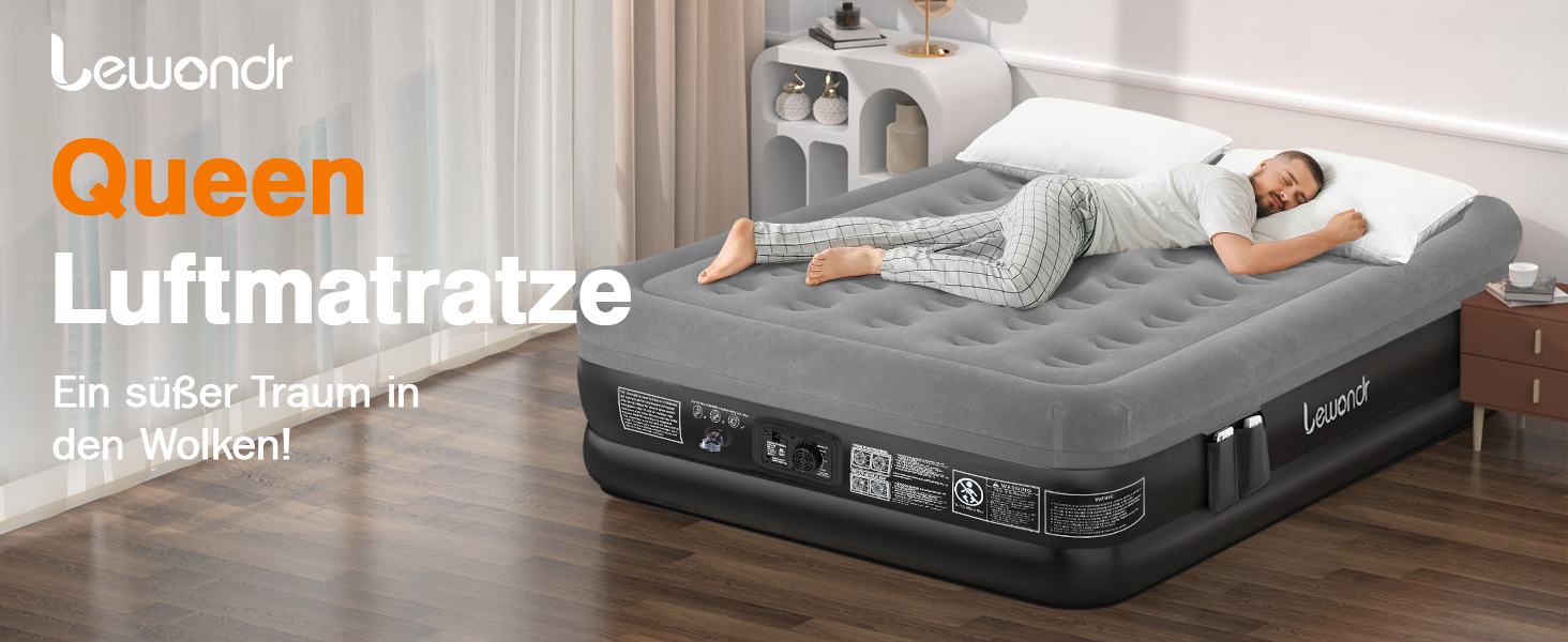Надувне ліжко Lewondr на 2 особи з вбудованим насосом, 203x152x46 см, сірий колір, 250 кг, для кемпінгу, дому, гостей, подорожей