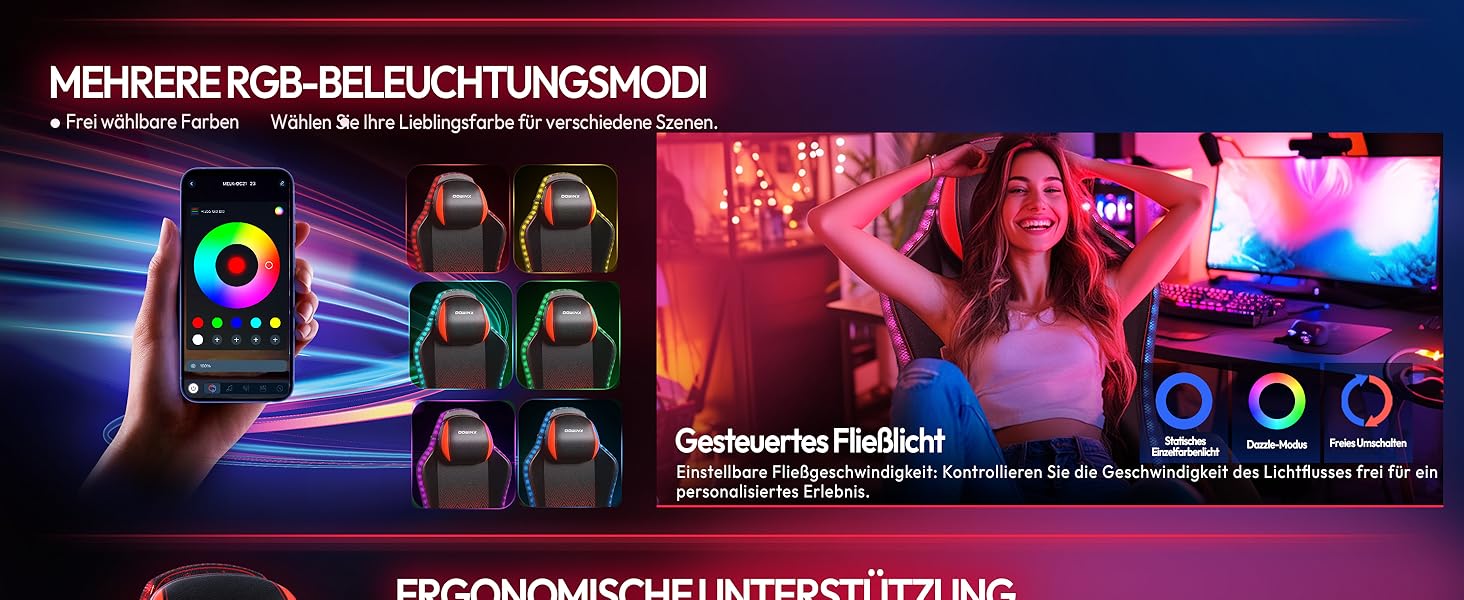 Ігровий крісло Dowinx з RGB підсвічуванням, LED, з підніжкою, для дорослих, ергономічний, з масажем попереку, PU шкіра, білий (червоний)