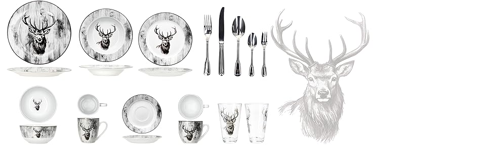 MamboCat Alois - кавовий сервіс на 6 осіб, 18 предметів, біле фарфорове посуд з декором оленів, 6 чашок 200 мл, 6 підставок та тарілки для сніданку та кави