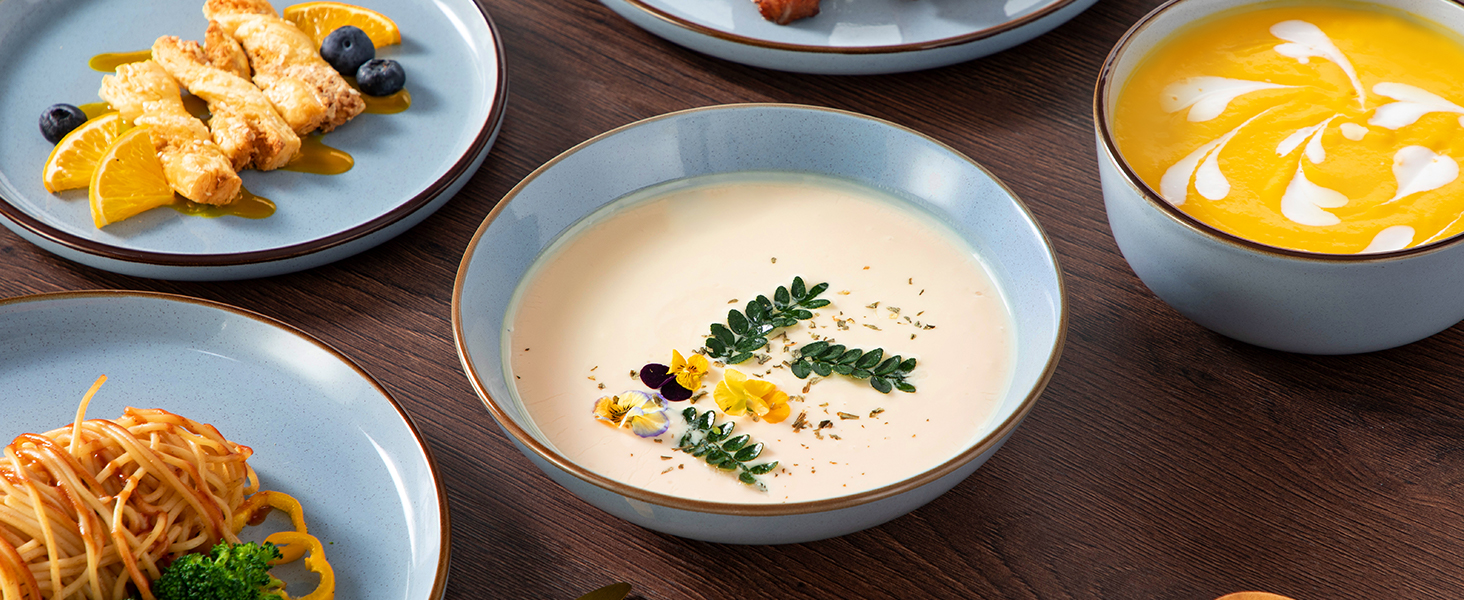 Набір посуду Steingut vancasso LOIRE 24тг. для 6 осіб: тарілки, супові тарілки, десертні тарілки, миски. Сучасний блакитний дизайн, безпечний для мікрохвильовки та посудомийної машини.