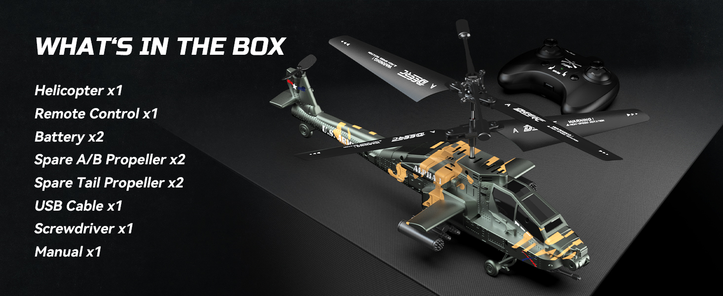 Радіокерований вертоліт DEERC Apache 2.4GHz, 2 акумулятори, 26 хв польоту, LED, стабілізація висоти, легкий старт, для приміщень, камуфляжний колір - ідеальний подарунок для хлопчиків