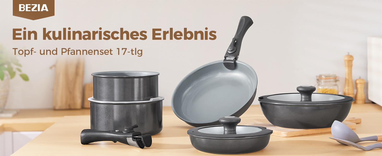 Набір каструль BEZIA 17 предметів з знімним ручками, антипригарне покриття кераміки, набір для індукційних плит, підходить для всіх типів плит, складається, набір каструль Induktion, посуд для кемпінгу, придатний для духовки (темно-сірий)